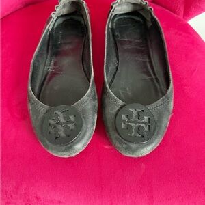 Tory Burch Black Leather Logo Ballet Flats